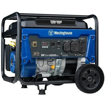 Westinghouse WGen5300cv portable generator with 5300 watts and built-in CO sensor, shown in a natural outdoor setting