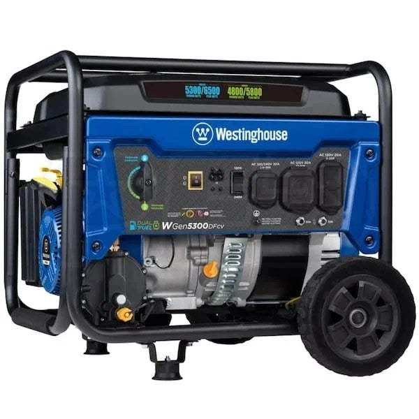 Casavibeo Westinghouse WGen5300DFcv 5300W dual-fuels portable generator with RV outlet and CO sensor, shown in a natural outdoor setting.
