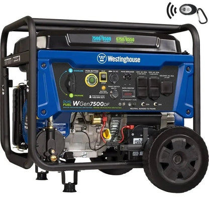 Westinghouse WGen7500DF dual fuel portable generator with large engine and control panel, powered by Casavibeo, ready for outdoor use.