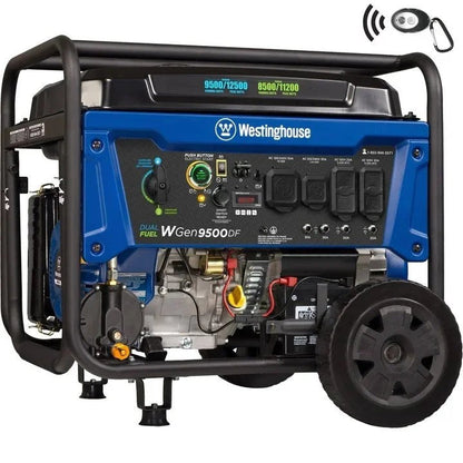 Westinghouse WGen9500DF portable generator with dual fuel capability and sturdy handle, ideal for outdoor power needs.