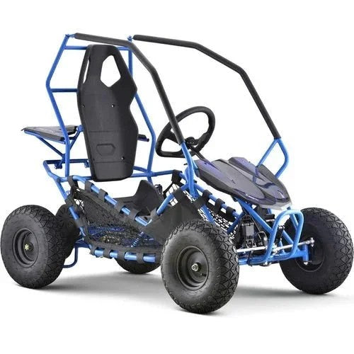 Casavibeo MotoTec Maverick Go Kart shown from front, featuring black frame, steering wheel, and sporty design for kids and teens