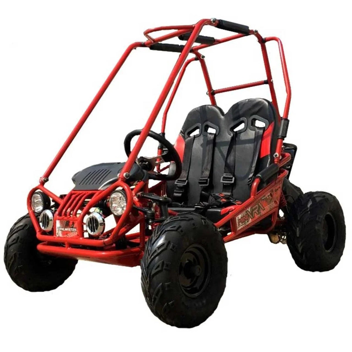 Casavibeo TrailMaster MINI XRX+ go-kart with black and red body, sporty design, and safety features for kids' outdoor racing fun.