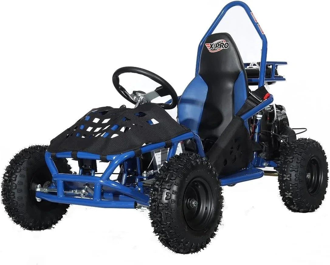 Casavibeo X-Pro Rover 50 Go Kart showing a sleek black and red design with safety features and sporty tires.