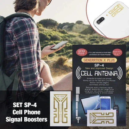Belro cell phone signal enhancement stickers for boosting signal strength on electronics, shown on a smartphone screen.