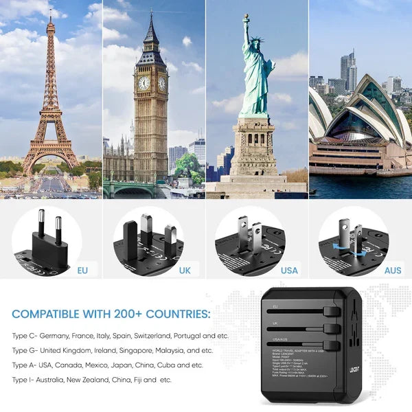 Belro multi-port travel adapter with universal plugs, three USB ports, suitable for US, UK, Australia, and European outlets.