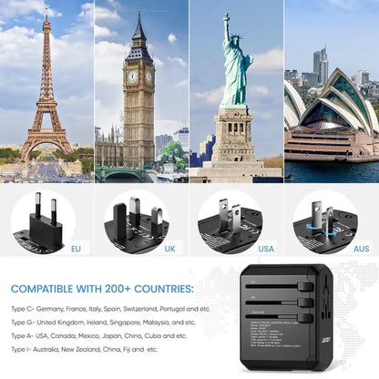 Belro multi-port travel adapter with universal plugs, three USB ports, suitable for US, UK, Australia, and European outlets.