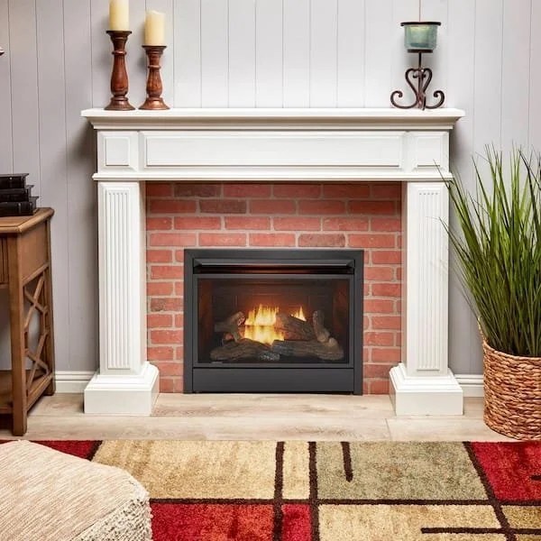 Casavibeo Duluth Forge dual fuel ventless gas fireplace insert showing realistic flames and control panel.