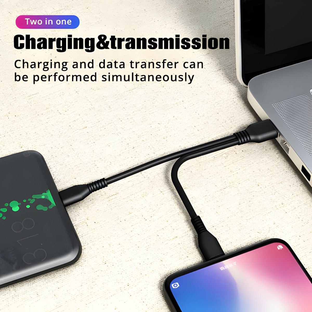 Belro 2-in-1 charging cable with multiple USB ports for electronic devices, shown connected and ready to charge.