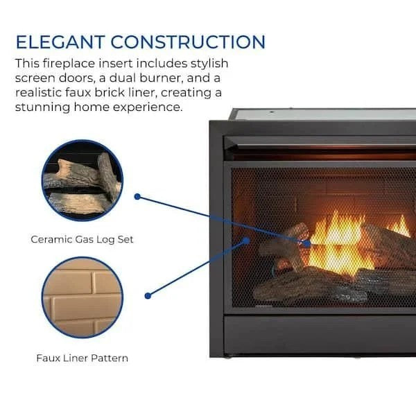 Casavibeo Duluth Forge dual fuel ventless gas fireplace insert with realistic flame display and modern design.