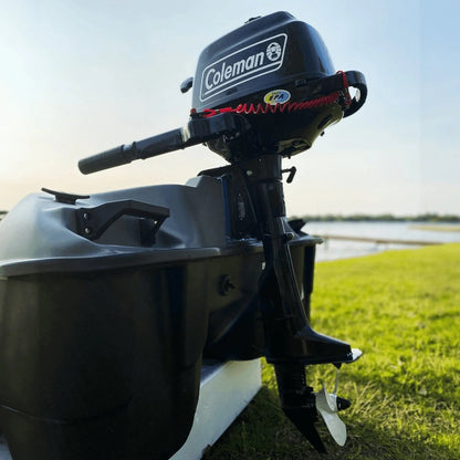 Casavibeo Coleman Powersports 5 HP 4-stroke outboard boat motor with easy pull start, shown in close-up view.