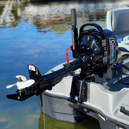 Casavibeo Coleman Powersports 5 HP 4-stroke outboard boat motor with easy pull start, shown in side view.