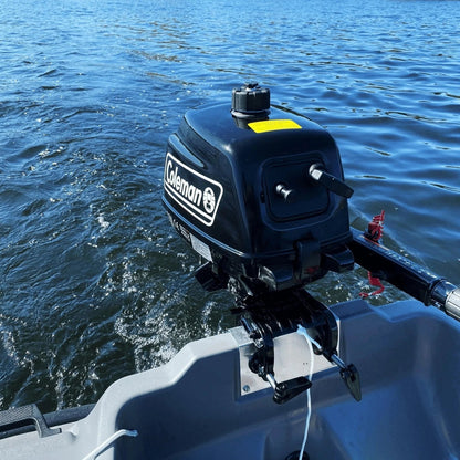 Casavibeo Coleman Powersports 5 HP 4-stroke outboard boat motor with easy pull start, compact and durable for boating adventures.