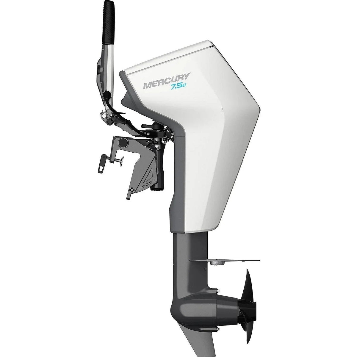 Casavibeo Mercury Avator 7.5e Tiller Electric Outboard Motor kit with control handle and motor components on a white background.