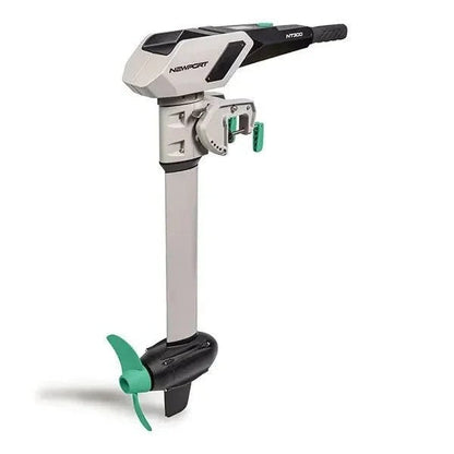 Casavibeo Newport NT300 electric outboard motor mounted on a boat with control handles and propeller visible.
