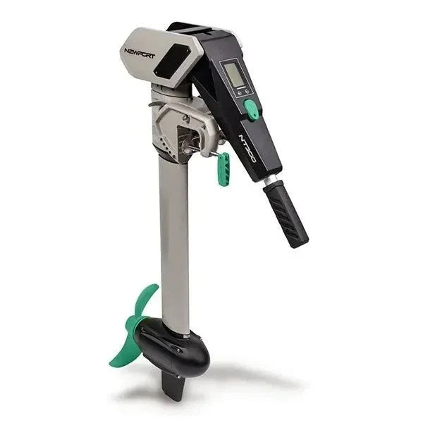 Casavibeo Newport NT300 electric outboard motor mounted on a boat, showing the sleek black design and control handle in view.