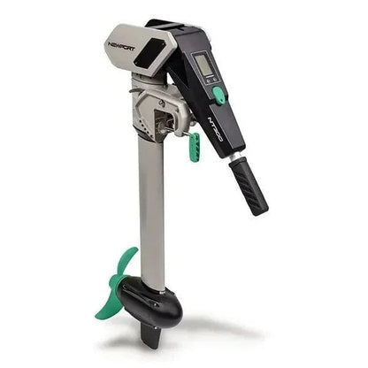 Casavibeo Newport NT300 electric outboard motor mounted on a boat, showing the sleek black design and control handle in view.
