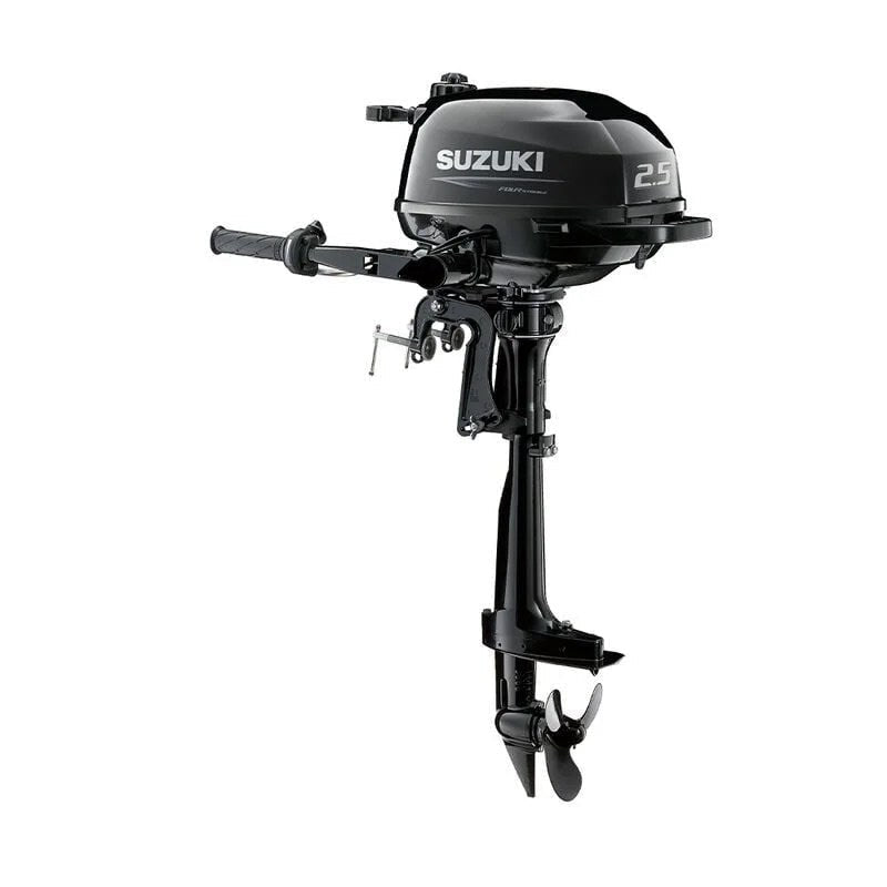 Casavibeo Suzuki DF2.5S5 2.5 HP 4-stroke outboard motor showing the compact engine with control handles and mounting bracket.