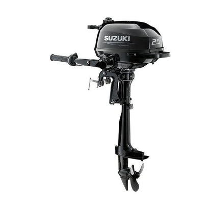 Casavibeo Suzuki DF2.5S5 2.5 HP 4-stroke outboard motor showing the compact engine with control handles and mounting bracket.