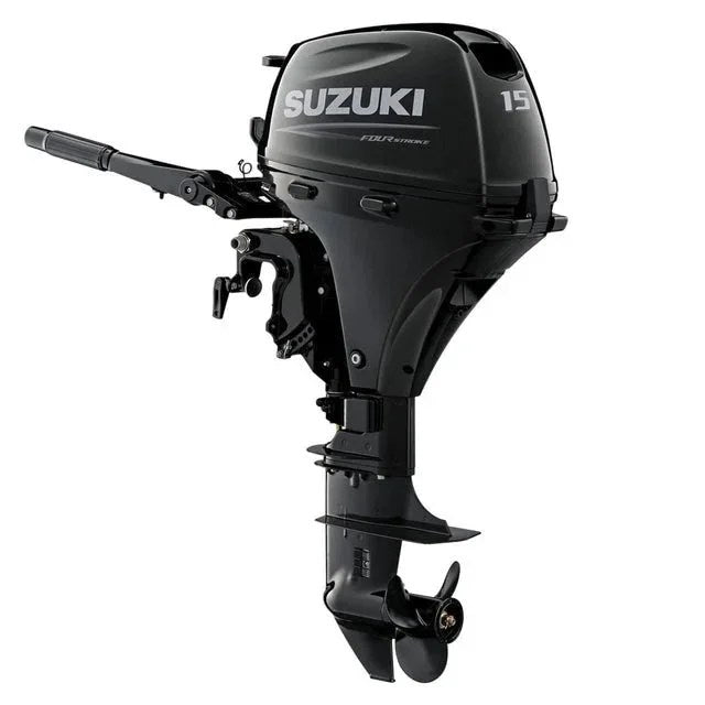 Suzuki 15 HP outboard motor DF15AS5 by Casavibeo, featuring a sleek engine with control handles and mounting bracket.