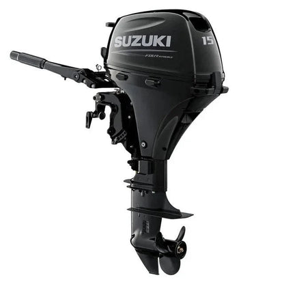 Suzuki 15 HP outboard motor DF15AS5 by Casavibeo, featuring a sleek engine with control handles and mounting bracket.