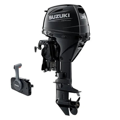 Suzuki 30 HP outboard motor DF30ATLW5 by Casavibeo, showing the sleek black engine with control handles and brand logo.