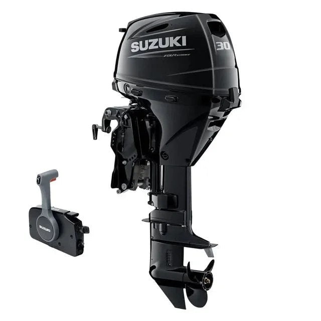 Suzuki 30 HP Outboard Motor DF30ATLW5 by Casavibeo, showing the compact, black marine engine with control handles and branding.