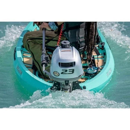 Casavibeo Honda BF2.3 outboard motor mounted on boat, showing compact engine with control handles and sleek design.