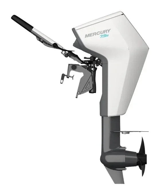 Casavibeo Mercury Avator 7.5E 20-inch shaft electric outboard motor, showing the motor unit with controls and mounting bracket.