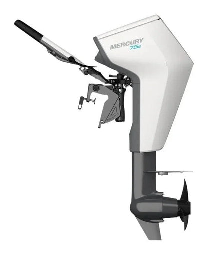 Casavibeo Mercury Avator 7.5E 20-inch shaft electric outboard motor, showing the motor unit with controls and mounting bracket.