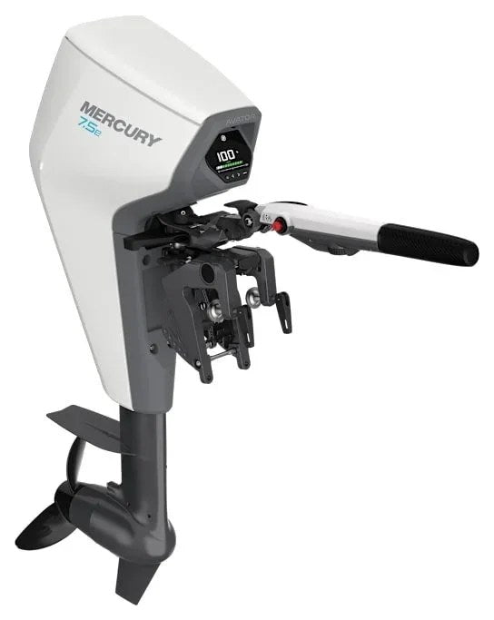 Casavibeo Mercury Avator 7.5E 20-inch shaft electric outboard motor displayed on a boat, showcasing the sleek design and control panel.