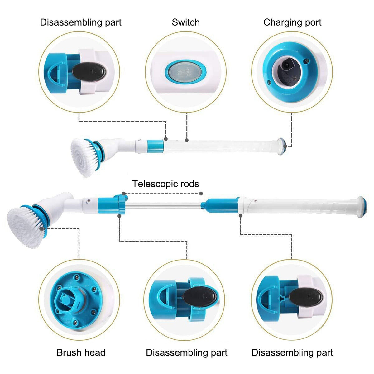 Belro electric spin scrubber for cleaning, showing a handheld device with rotating brush head for home and garden cleaning tasks