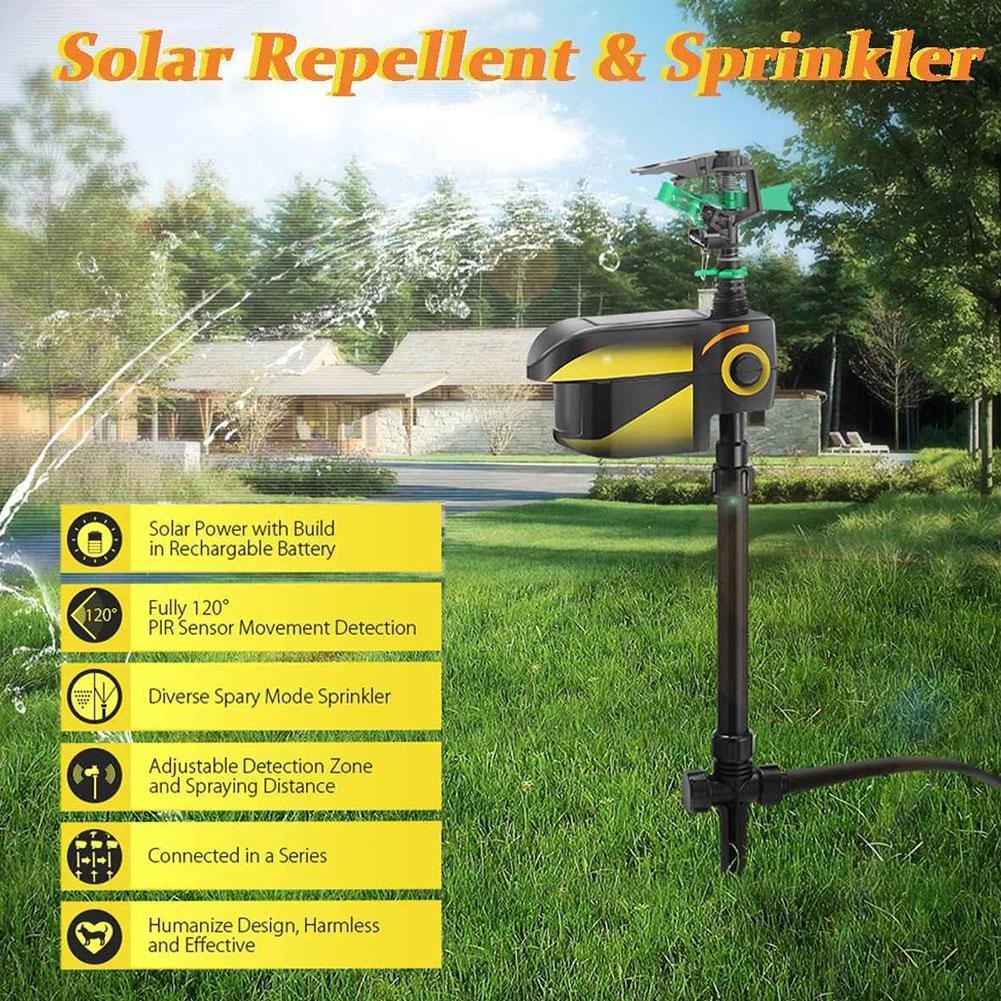 Belro solar-powered motion-activated deer sprinkler in a garden, designed for outdoor pest control to repel deer effectively.