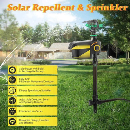 Belro solar-powered motion-activated deer sprinkler in a garden, designed for outdoor pest control to repel deer effectively.