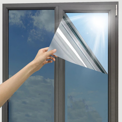 Belro reflective one-way privacy window insulation film on a glass window, enhancing privacy while reducing heat transfer.