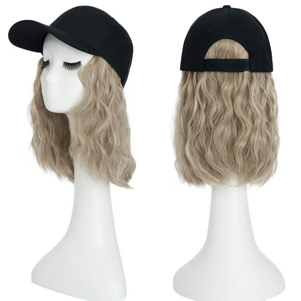 Belro heat-resistant synthetic wavy wig extension attached to a baseball cap, showcasing a stylish hair accessory.