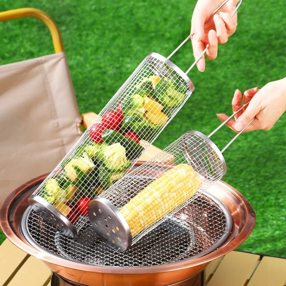 Belro stainless steel round barbecue grilling basket for BBQ grilling, ideal for outdoor cooking and grilling meats and vegetables.