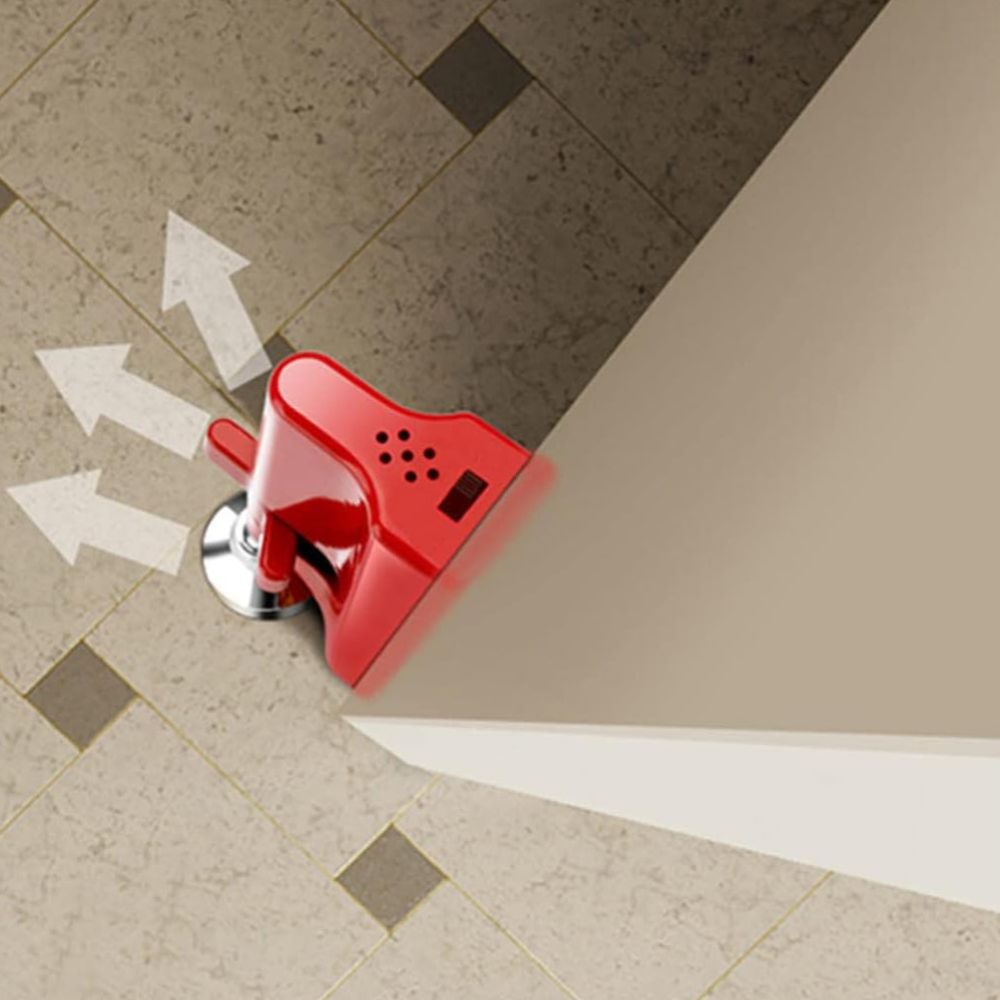 Belro portable anti-theft safety alarm door stopper designed for baby and kids safety, shown in use on a door.