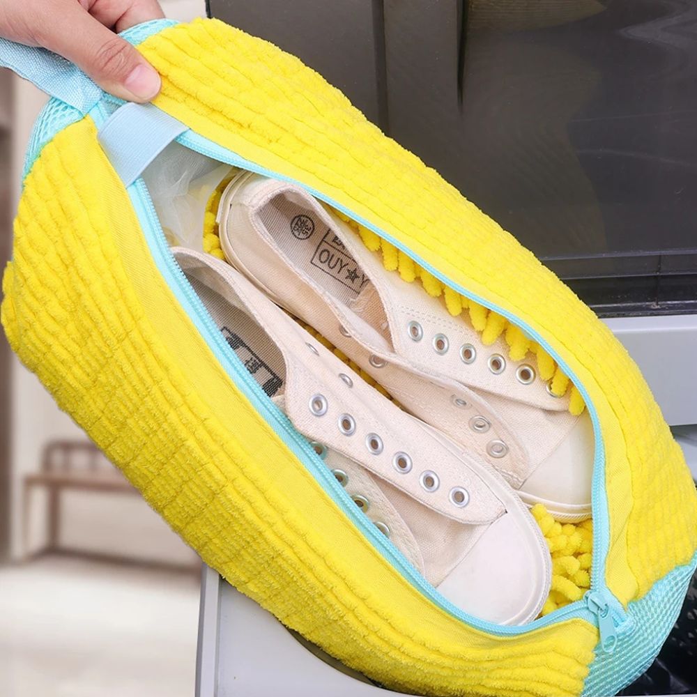 Belro machine washable sneaker protector in a mesh washing bag, designed to keep footwear clean during laundry.