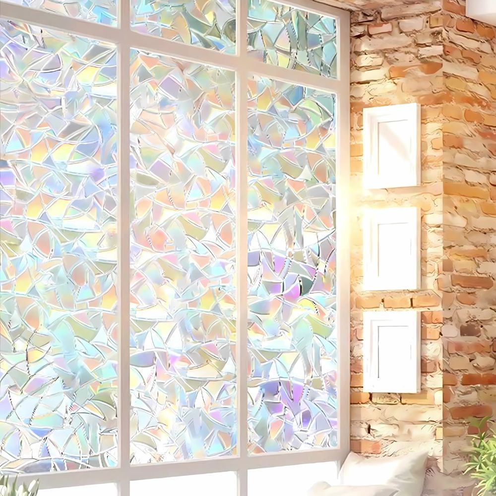Belro decorative rainbow stained glass window privacy film applied to a window, creating colorful, artistic light effects.