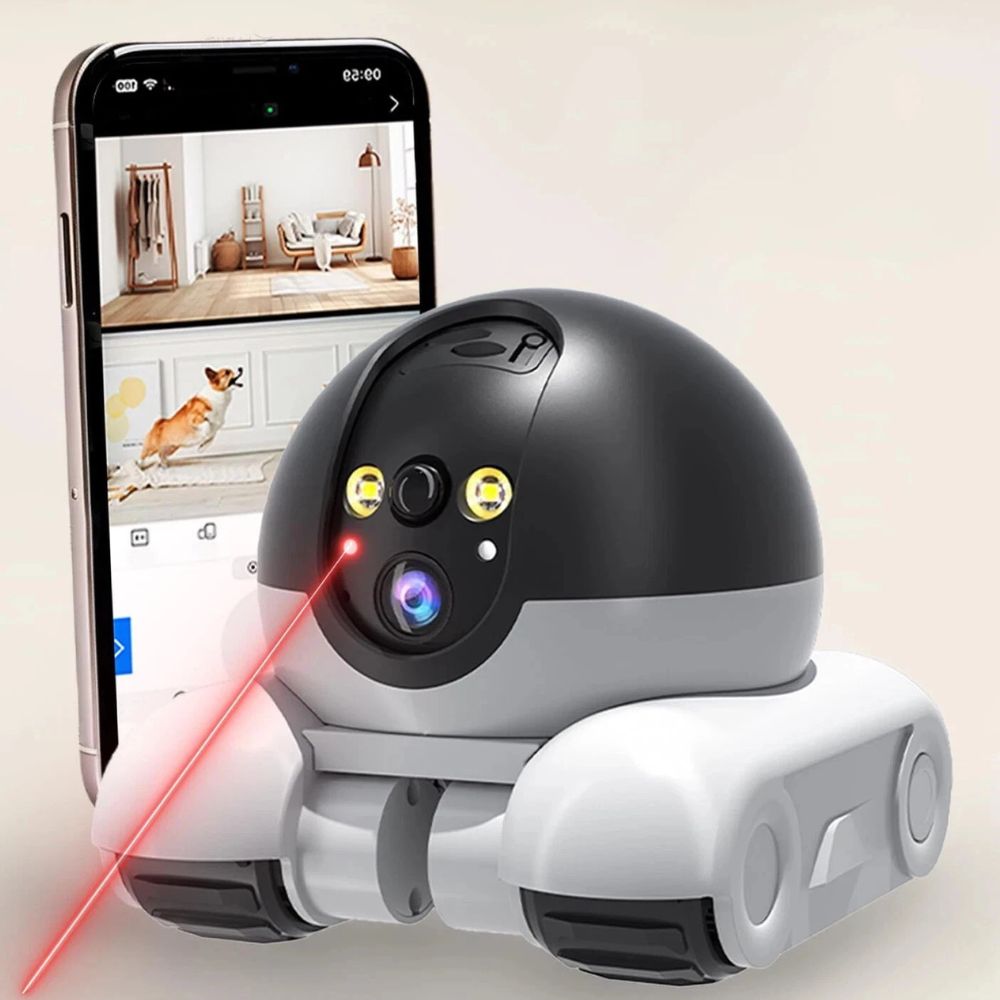Belro indoor pet camera showing a sleek monitor with a live view of a dog and cat at home, ideal for pet monitoring.