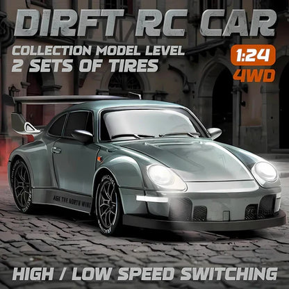 Belro Retro Drift Master 4WD RC Car with LED lights, showcasing its sleek automotive design and vibrant lighting features.