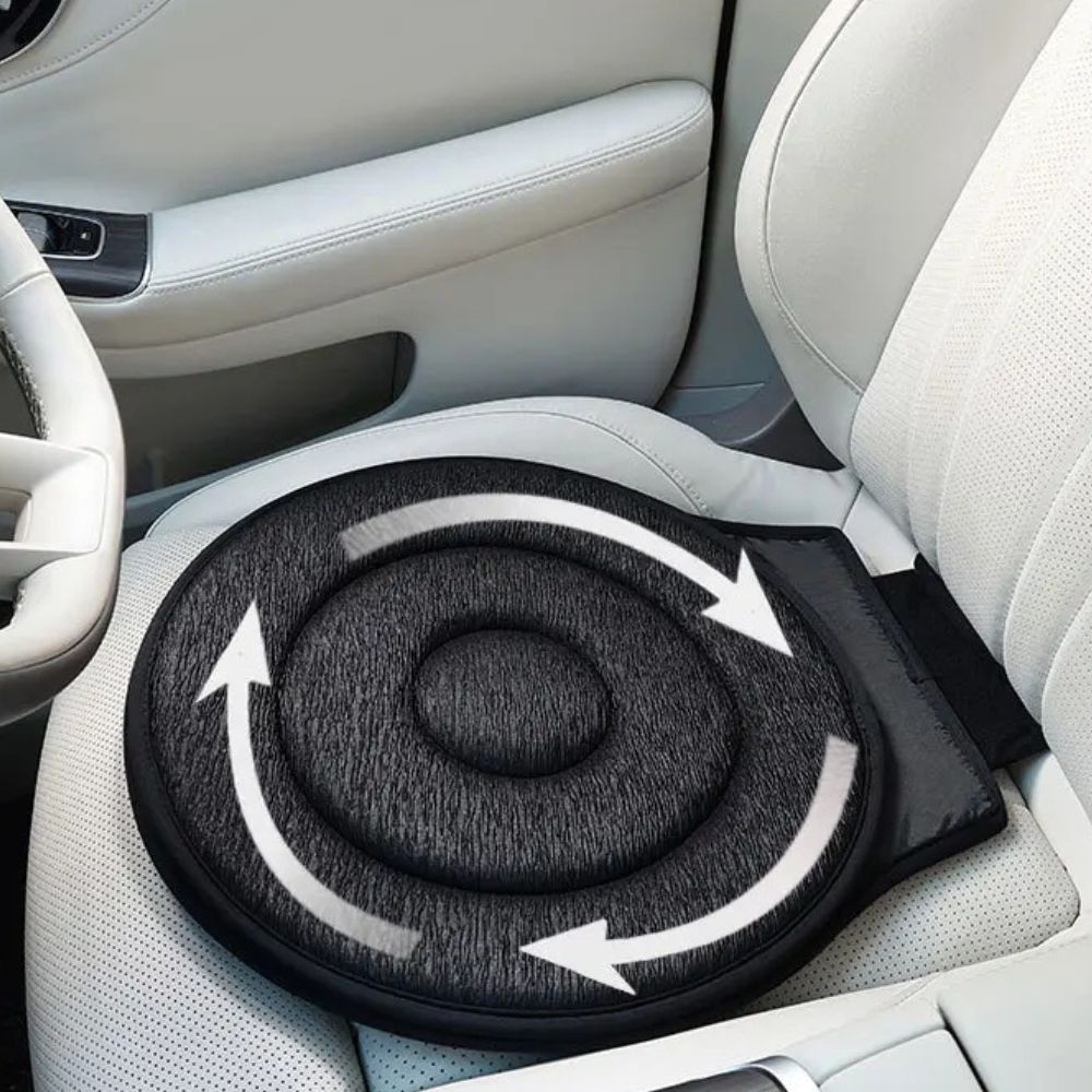 Belro Cozy 360-degree car swivel chair pad with soft fabric and adjustable design, shown on a clothing T-shirt product display.