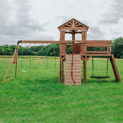 Casavibeo Sterling Point swing set with two swings and a slide, ideal for backyard play and outdoor fun.