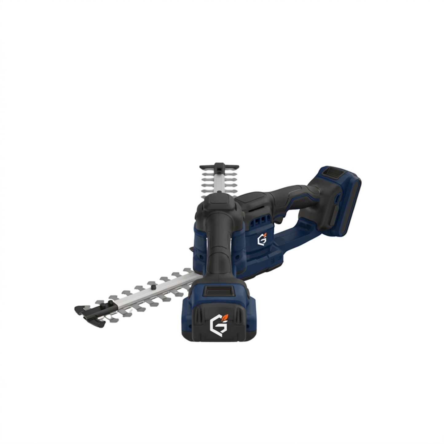 GETDECO TrimPro 25V cordless hedge trimmer with red handle, showcasing its cutting blades and ergonomic design.