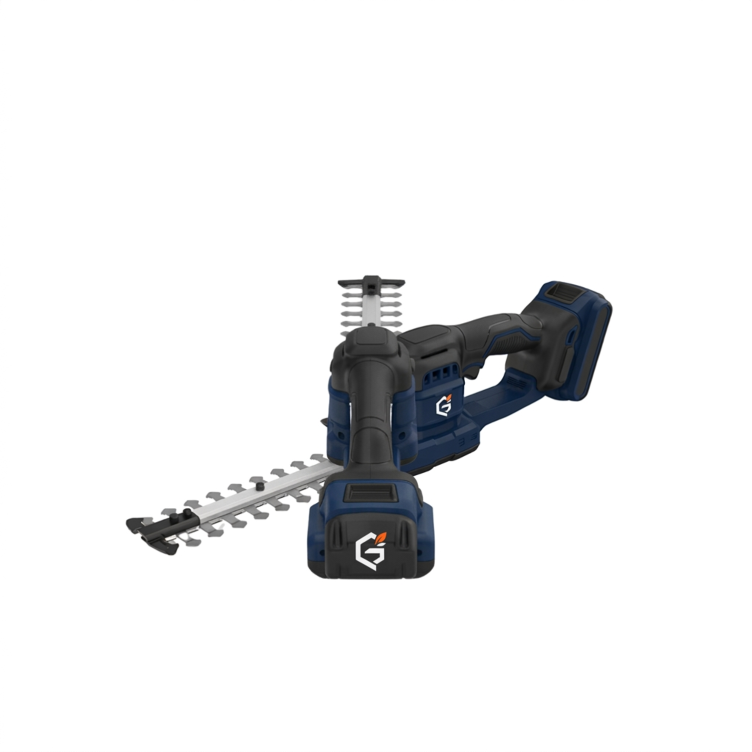 GETDECO TrimPro 25V cordless hedge trimmer with red handle, showcasing its cutting blades and ergonomic design.
