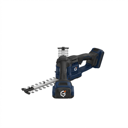 GETDECO TrimPro 25V cordless hedge trimmer with red handle, showcasing its cutting blades and ergonomic design.