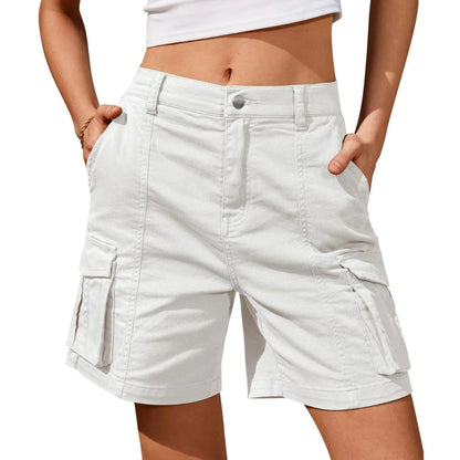 Belro women's low waist long work cargo shorts shown on a model, featuring multiple pockets and a relaxed fit.