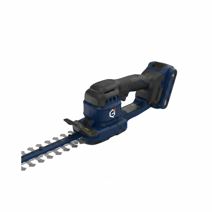 GETDECO TrimPro 25V cordless hedge trimmer with red redesigned blades, showcasing its sleek cutting edge and ergonomic handle.