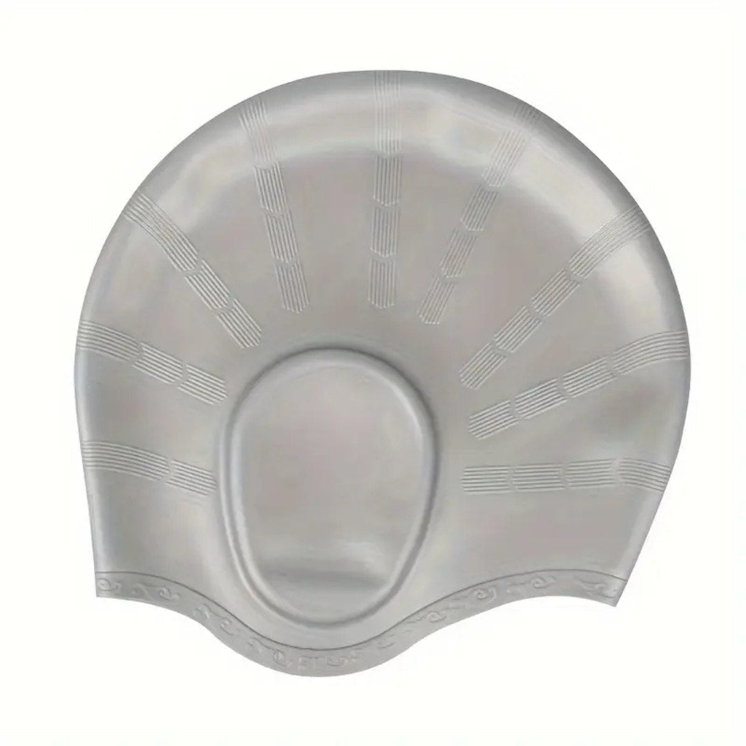 BowLift silicone swim cap with ear protection, waterproof HydroFit design, shown on a model for comfortable swimming and ear safety.