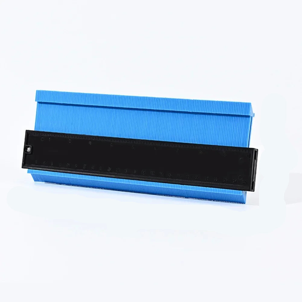 Blue 10-inch Belro contour gauge for woodworking and construction, with adjustable teeth for precise shape copying and measuring.
